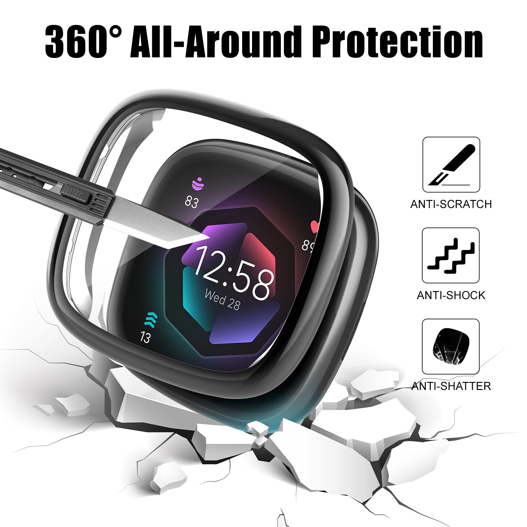 Kpyja Screen Protector Compatible With Fitbit Sense 2/Versa 4 Case, Soft Tpu Plated Case All-Around Protective Screen Full Cover